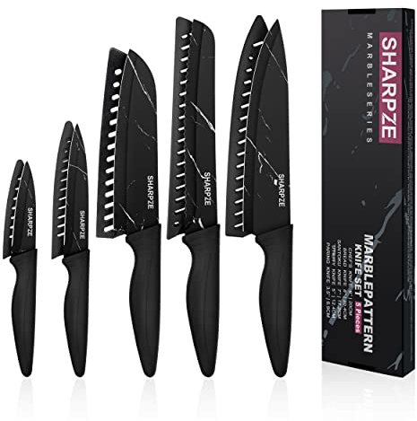 SHARPZE Kitchen Knife Set of 6 | Ultra Sharp Stainless Steel Blade | Kitchen Knives Set with Sharpener & Knives Sheath | Chef's Kitchen Knife Set