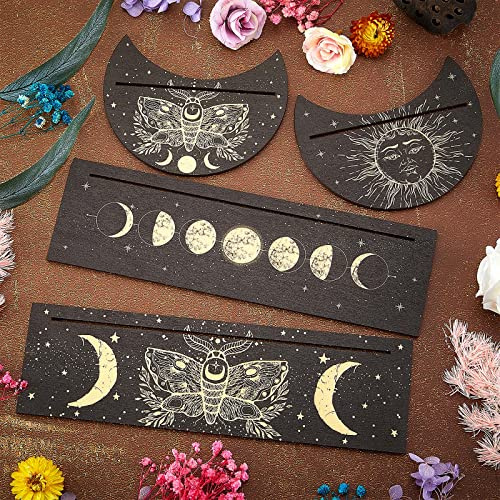 Queekay Soporte de Carta Tarot de Madera 4 Soportes de Altar de Carta de Tarot de Fase Lunar con Patrón de Polilla Solar Exposición Forma de Rectángulo Luna Herramienta de Adivinación Bruja Oráculo