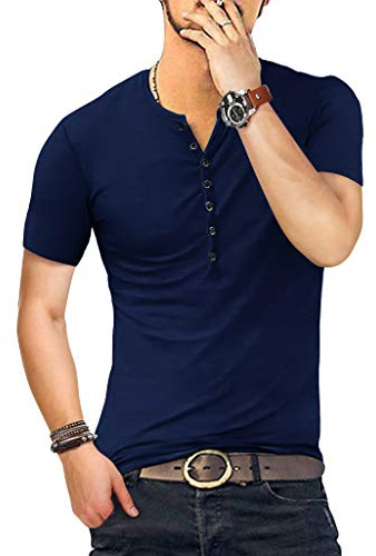 KUYIGO Uomo T Shirt Manica Corta Cotone Henley Camicie Moda Casual T Shirts S-XXL