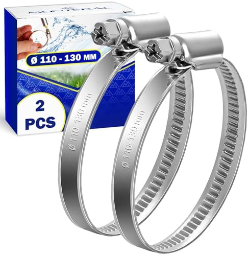 2 Piezas Abrazaderas Metalicas para Tubos Ø 110-130 mm - Abrazadera Metalica para Manguera de Piscina Jardin Lavadora Tuberia de Agua - MADE IN SPAIN - MONTERAL