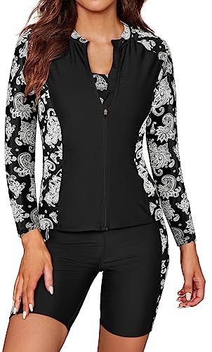 SHEKINI Conjunto de Tankini Impreso de 3 Piezas para Mujer, Manga Larga, con Cremallera, Camiseta de Surf, Parte Superior del Bikini, bañador de Seguridad, Pantalones de Ciclismo Deportivos, Negro,