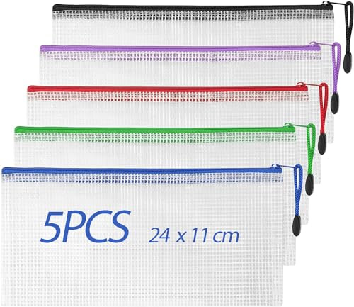 Clear Pencil Case, Plastic Pencil Pouch Zipper File Bags 5PCS Exam Pencil Case with Strong Zipper for School Supplies, Bills, Cosmetics, Stationery and Travel Accessories, 5 Colors