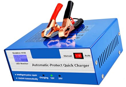 EIOLWJIEO 12V/24V Autobatterie Ladegerät Starthilfe Automatisches wärmeableitendes Pulsreparatur Ladegerät für Motorrad Automobil EU Stecker