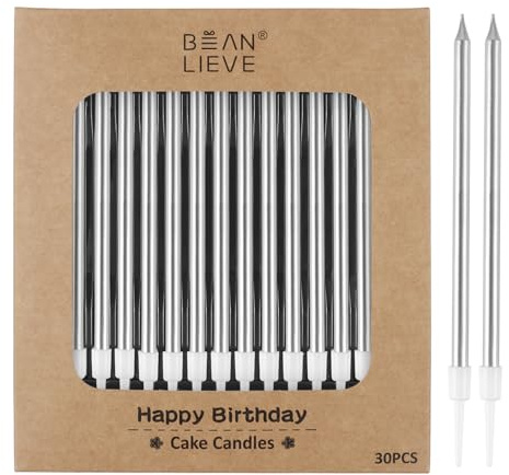 BEAN LIEVE 30 velas de cumpleaños metálicas largas y finas, velas para tartas, fiestas de cumpleaños, decoraciones de boda, velas de fiesta, decoraciones de pasteles (plateadas)