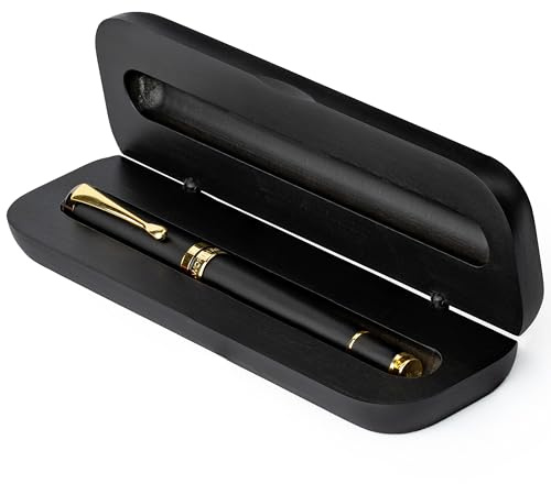 Wordsworth and Black Rollerball Pen - Penna di lusso mozzafiato in bambù legno nero, finitura oro, ricaricabile, miglior set regalo per uomini & donne, ricarica d'inchiostro