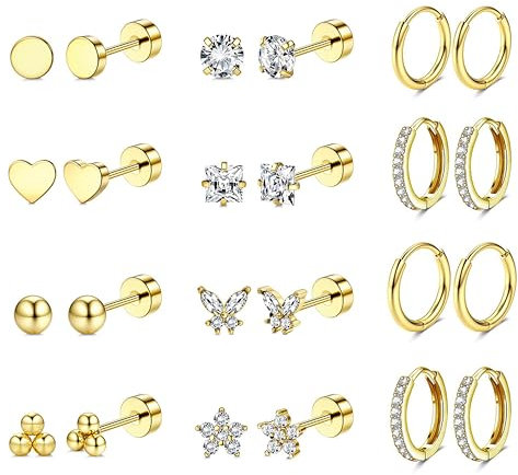 Diamday 12 Paar Ohrringe Gold Set für Damen Chirurgenstahl Creolen Ohrstecker Gold Piercing Ohr Helix Knorpel Medizinische Ohrstecker Huggie Creolen Hypoallergene Goldene Ohrringe Mehrfache Piercings