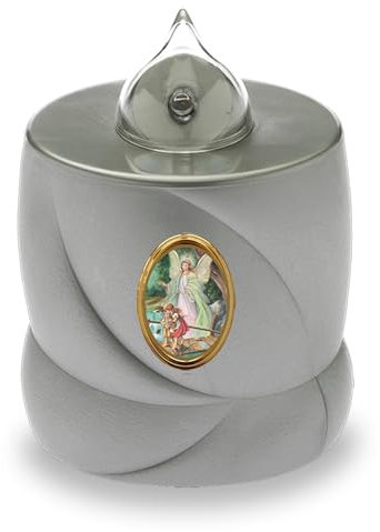 AROBA Vela LED para tumba – efecto parpadeante como una vela real, larga duración de combustión hasta 200 días, reutilizable para cementerio, vela conmemorativa – plata Santo Ángel