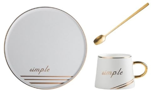 Huiyiwert Juego de tazas de café de cappuccino con cuchara y plato redondo de 19 cm, taza de té de 200 ml, juego de café para café con leche, espresso, té moca, color blanco