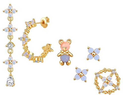 BodyBonita 6 Pezzi Orecchini in Delicati per Donna - Orecchini in Argento Sterling Ipoallergenici per Cartilagine per Donna Pendenti a Forma di Fiore Blu Set Placcati in Oro 18 Carati