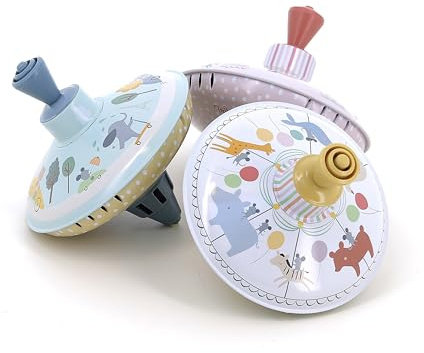 VILAC - Display mit 6 Kreiseln – Sarah Betz – Die kleinen Thekenspielzeuge – 6 Kreisel aus Metall: Jahrmarkt, Tiere und Fahrzeuge – Lernspiele aus Holz – ab 3 Jahren – 7121