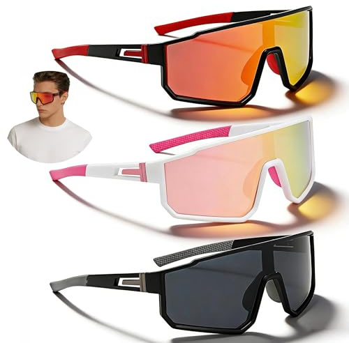 PHMING 3 Pièces Lunette de Ski, Lunettes de Soleil Unisexe, Protection UV400, Lunette Velo Homme, avec Plaquettes de Nez Souples, pour Course à Pied, Ski, Vélo (Rouge, Gris, Rose)