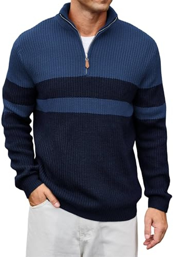 Lexiart Men's Quarter Zip Pullover Sweater Casual Warm Mock Neck Ribbed Knit Slim Fit Sweaters, Navy Blue, XL