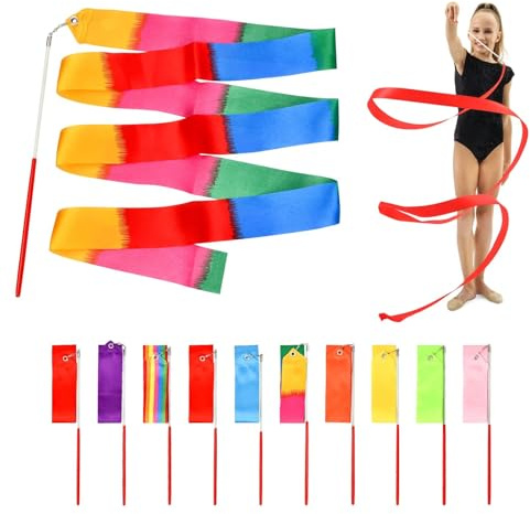 10pcs Multicolor Dance Ribbon, 78.7 Inch Gymnastics Ribbon Wands, Dancing Twirling Ribbon for Artistic Performance, Birthday Party Streamers Decoration,Circus Carnival Ribbon with Sticks Wands