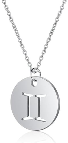 LGT JWLS Collana da donna con ciondolo rotondo color argento, segno zodiacale Gemelli.
