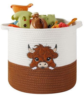 Cesta Highland Cow para Habitación Infantil – Cestas Organizadora de Cuerda de Algodón con Asas para Niños y Bebé, Cestas Organizador para Mantas y Juguetes, Decoración Infantil, Mediana