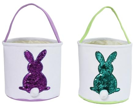Cuercary 2-Piece Easter Bunny Basket Set,Egg Hunt Basket with Rabbit Pattern,Multifunctional Storage for Items,Suitable for Easter Egg Hunt (purple&green-2)