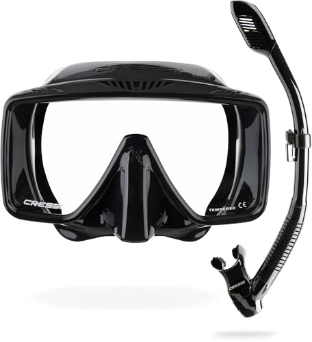 Cressi dal 1946 - SF1 & Dry Combo - Set Maschera Frameless Squadrata con Lente Temperata & Snorkel Dry Ideale per Immersioni Apnea e Snorkeling, Nero_Lente Chiara, Taglia Unica Adulti