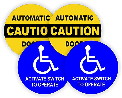 (2-Pair) 5-inch Round CAUTION AUTOMATIC DOOR - ACTIVATE SWITCH TO OPERATE Decals | Weatherproof Vinyl Stickers | Glass Entry Labels Small Business Office Handicap Entrance Exit Compliance
