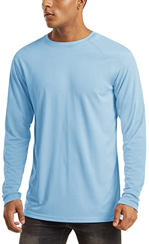 MAGCOMSEN UV-skjorta för män UPF 50+ sportskjortor, snabbtorkande träningströja, långärmade vandringströjor med rund hals, ventilerande, funktionell skjorta för sport, blå, 3XL