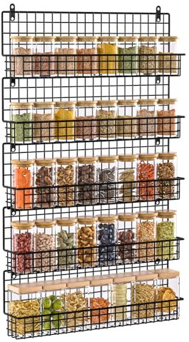 X-cosrack Spice Rack Organizer Wall Mounted 5-Tier Stackable Black Iron Wire Hanging Spice Shelf Storage Racks,Great for Kitchen and Pantry Storing Spices Seasoning, Household Items,Bathroom and More