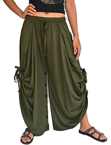 Sakoonee Women's Harem Pants Palazzo Dhoti Lounge Trousers, Olive
