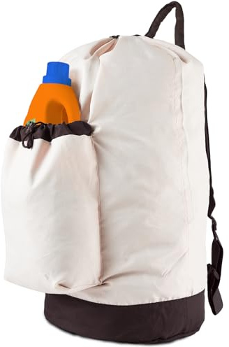 Seiritex Laundry Bag Backpack with Shoulder Straps and Detergent Holder Clothes, Travel Laundry Backpack Bag Hamper for College (Khaki w Brown)