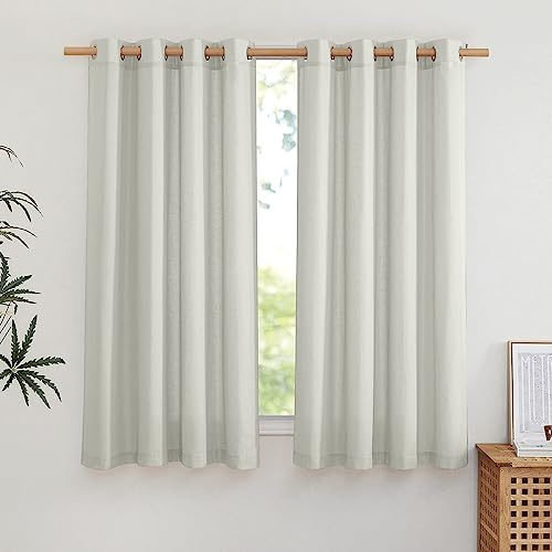 NICETOWN Thick Linen Gray Curtains 63 inches Long, Eyelet Top Privacy Assured with Light Filtering Drapes Flax Linen Blend Window Treatments for Bedroom, W55 x L63, 2 PCs