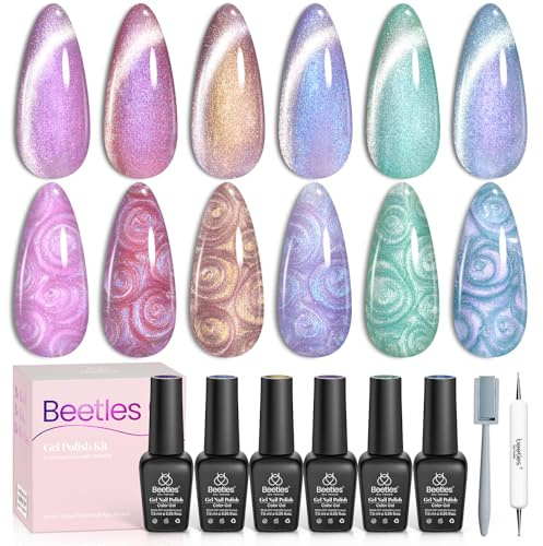 Beetles Cat Eye Gel-Nagellack, 6 Farben schimmernder Perlen-Cat-Eye-Gel-Lack Lila Gold Blau LED Herbst-/Winter-Glitzer-Nagellack mit Magnet und doppelseitigem Stift für Frauen DIY Home