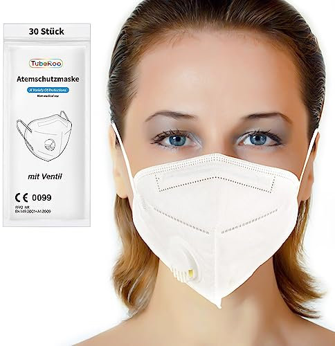 TubeRoo FFP2 Maske mit Ventil, 30 Stück Masken, Versand aus Deutschland, Staubmaske Atemschutz Feinstaub Feinstaubmaske Staubschutzmaske Partikelfilter Atemschutzmaske Mundschutz mit Ausatemventil