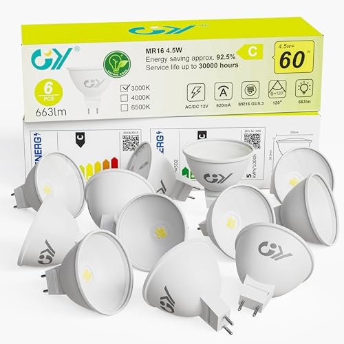 GY GU5.3 LED Warmweiss Lampe, 12V MR16 LED 4,5W 663 Lumen 3000K Warmweiß, 40W lampe ersetzt, AC/DC Flimmerfrei Led, Abstrahlwinkel 120° Leuchtmittel, Nicht Dimmbar Energiesparlampe, 12 stück