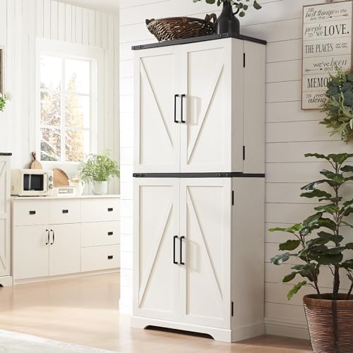 ACCOHOHO 72 Tall Kitchen Pantry, Farmhouse Storage Cabinet with Barn Doors, Organizer, Drawer and Adjustable Shelves, Rustic Wood Cupboard for Kitchen, Dining Room, Bathroom, Off White