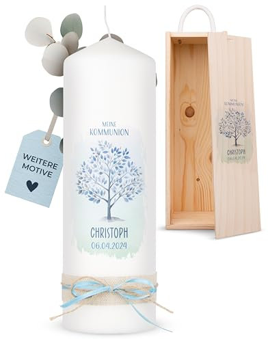 AMARI ® Kommunionkerze Personalisiert Baum des Lebens (002.08.01) H:25cm/⌀:8cm - für Junge/Mädchen - Selbst Gestalten