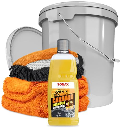 autopflege Sonax Caravan - Set di pulizia per camper, 1 l, con guanto da lavaggio + panno asciutto + secchio da 16 l con coperchio, pulitore per roulotte