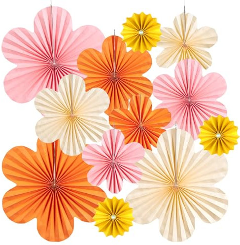 KunpengZen 12 Pcs Paper Flowers Decorations - Orange Pink Hanging Decorations Paper Fan for Birthdays Weddings Garden Party Wall Classroom Table Events Accessories