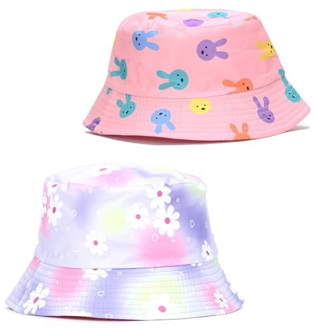 NautySaurs 2 Pack Girls Bucket Hat Aged 2-4 Years Baby Girls Sun Beach Cap Toddler Kids Outdoor Reversible Fisherman Hat