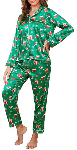 Reliwel Women's Pyjama Sets Silk Satin Long Sleeve Button Down Ladies Pyjamas two Piece Silk Pjs for Women Sets Sleepwear Loungewear Nightwear for Spring Summer,Christmas Green,M