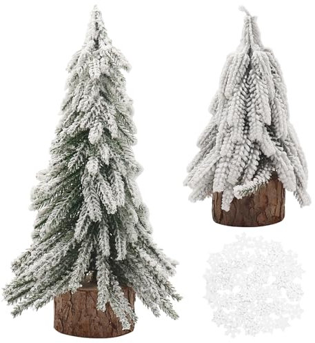 WANYI 2 x Mini Weihnachtsbaum Künstlich Tannenbaum Deko Miniatur Christbaum mit Holzbasis Geschmückter Weihnachtsbaum Tisch mit 50 x Schneeflocken Deko für Weihnachtsdeko Tischdeko Fensterbank (A)