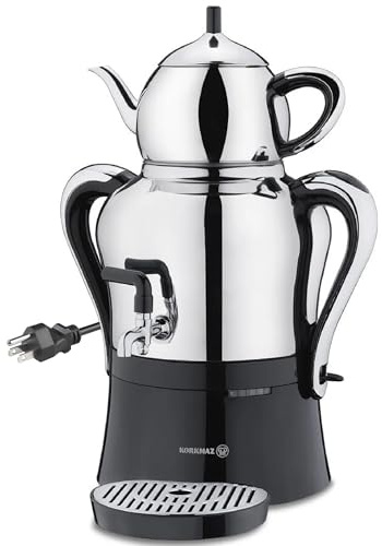 Korkmaz Samovar, Electric Turkish Tea Maker Set, Double Pots Tea Machine, Caykolik Stainless Steel Teapot, 1.37 Qt + 3.69 Qt, 110 V US Plug