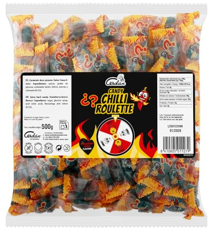 Caramelos Cerdán CHILLI ROULETTE | Con Forma de Corazón Sabor Fresa-Limón, Bolsa 150 uds-500grs | Algúnos con Chile Picante, otros Dulce, Sin Gluten ni Alérgenos | Ideal para Fiestas y Regalos