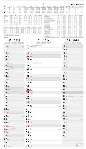 Zettler 3-Monatskalender Streifenplaner 2026 – Wandkalender 33 × 59 cm, 3 Monate pro Blatt mit Datumsschieber, Monatsübersicht Dez. 2025–Jan. 2027, Feiertage & Ferien, Länderkürzel 16 Länder, FSC