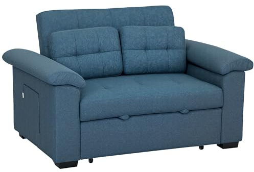 HOMCOM Pull Out Sofa Bed, Fabric 2 Seater Click Clack Sofa Bed Settee with 2 Pocket Springs, Convertible Sofa Couch with Pillows and Side Pockets for Living Room, Home Office, Blue