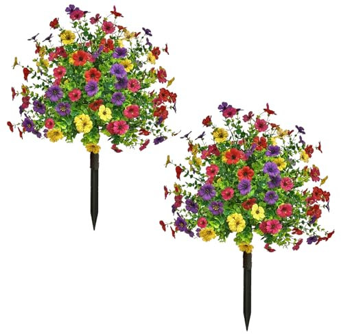 ChYoung 2 Pack Artificial Boxwood Topiary Ball Tree with Flower Fake Plant with Ground Spike 24 Inches Faux Topiaries Houseplants Fake Decorative Greenery Plants (2, Red&Purple&Yellow)