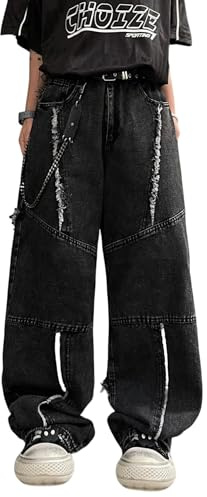 DFGIGT Mens Baggy Jeans Patchwork Y2k Hip Hop Wide Leg Denim Pants Casual Loose Fit Trousers Streetwear 2000s Jinco Oversized Extreme Motion Relaxed Skater Skateboard,D12 Black,Large