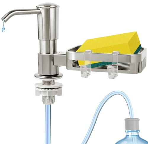 Mecyfaty Soap Dispenser for Kitchen Sink, Built in Sink Soap Dispenser Pump with Sponge Holder, Brushed Nickel ABS Sink Dish Soap Dispensers Under Counter, with 39 Extension Tube Kit,No Refill Needed