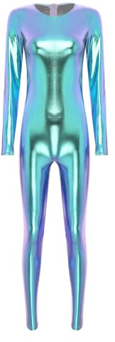 JIZYO Donna Tuta Intera Metallizzata Wetlook Maniche Lunghe Body Completo Abito Intero Effetto Lucido Pantaloni Leggings Abbigliamento Party Club Blu 3XL