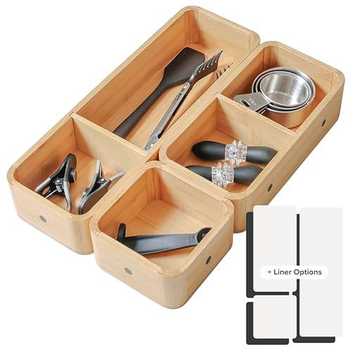 Modular Drawer Organizer Set – Kitchen Edge Storage with 3 Containers & 5 Compartments, Magnetic with Removable Inserts, Stackable, Rubber Liners & Non-Slip Base, 9in x 13.5in x 2.4in, 100% Bamboo