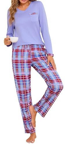 Jahetuul Pigiama Donna Cotone Lungo Set di Pigiami da Donna Invernale Caldo | Maglietta Scollo a V e Pantaloni Lunghi a Quadri con Tasca Casual per la Casa