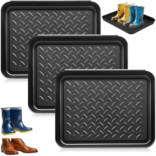 3Pcs Black Plastic Non Slip Shoe Tray & Boot Drip Trays, Washable Entryway Garage Plant Foyer Floor Indoors Mats for Dirty Boots, Household Essential Multipurpose Mat Set for Pet Food & Tools Storage
