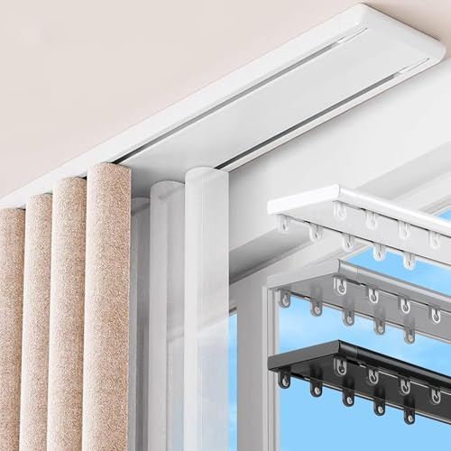 Sistema De Riel De Cortina Doble Aluminio Rieles De Cortina De Techo con Rodillos Silenciosos Cualquier Espacio Apto para Cortinas Transparentes Y Opacas(White,2.6m)