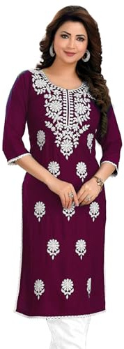 Ladyline Womens Plain Rayon Chikankari Embroidered Tunic Top | Lucknowi Style Chikan Work Kurta | Knee Length Ethnic Kurti
